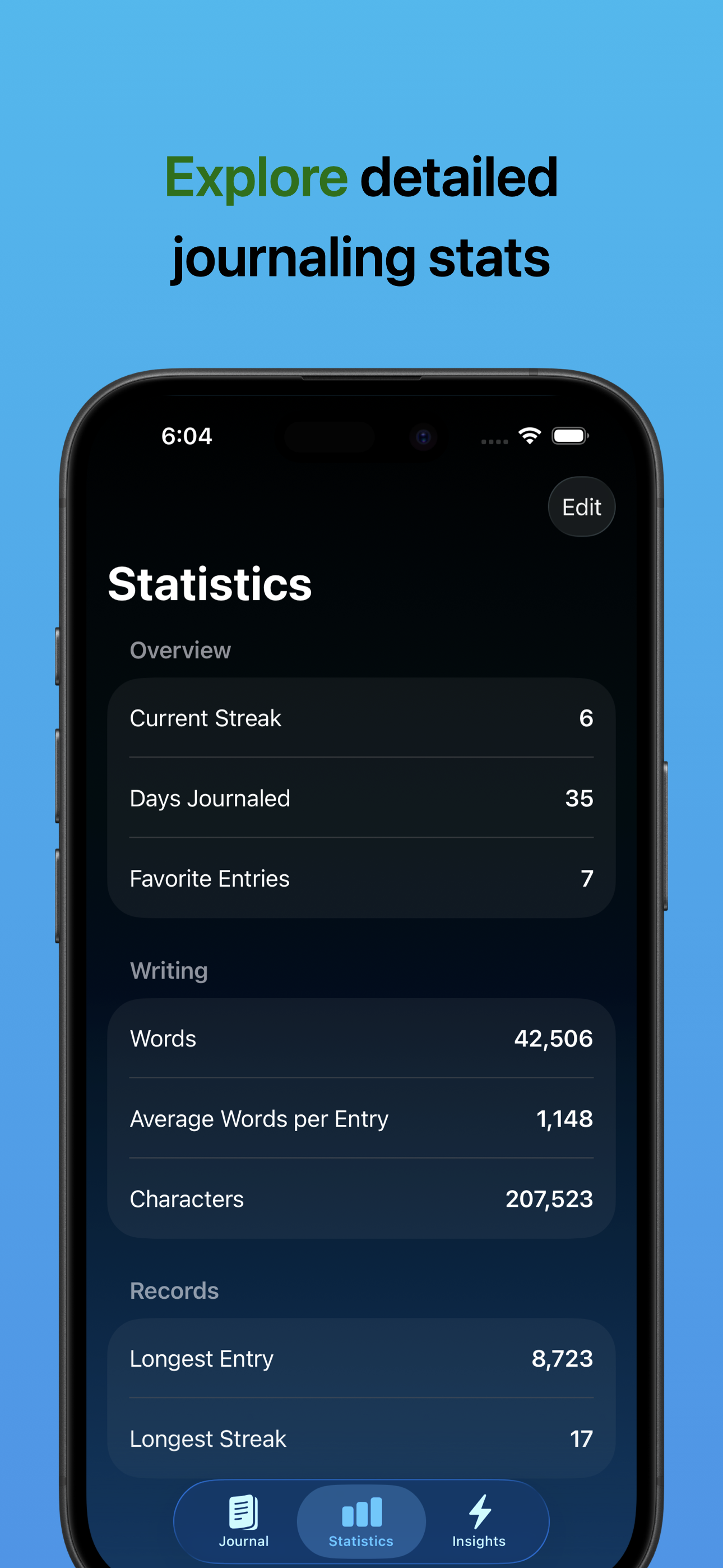 JournalWrite stats screen